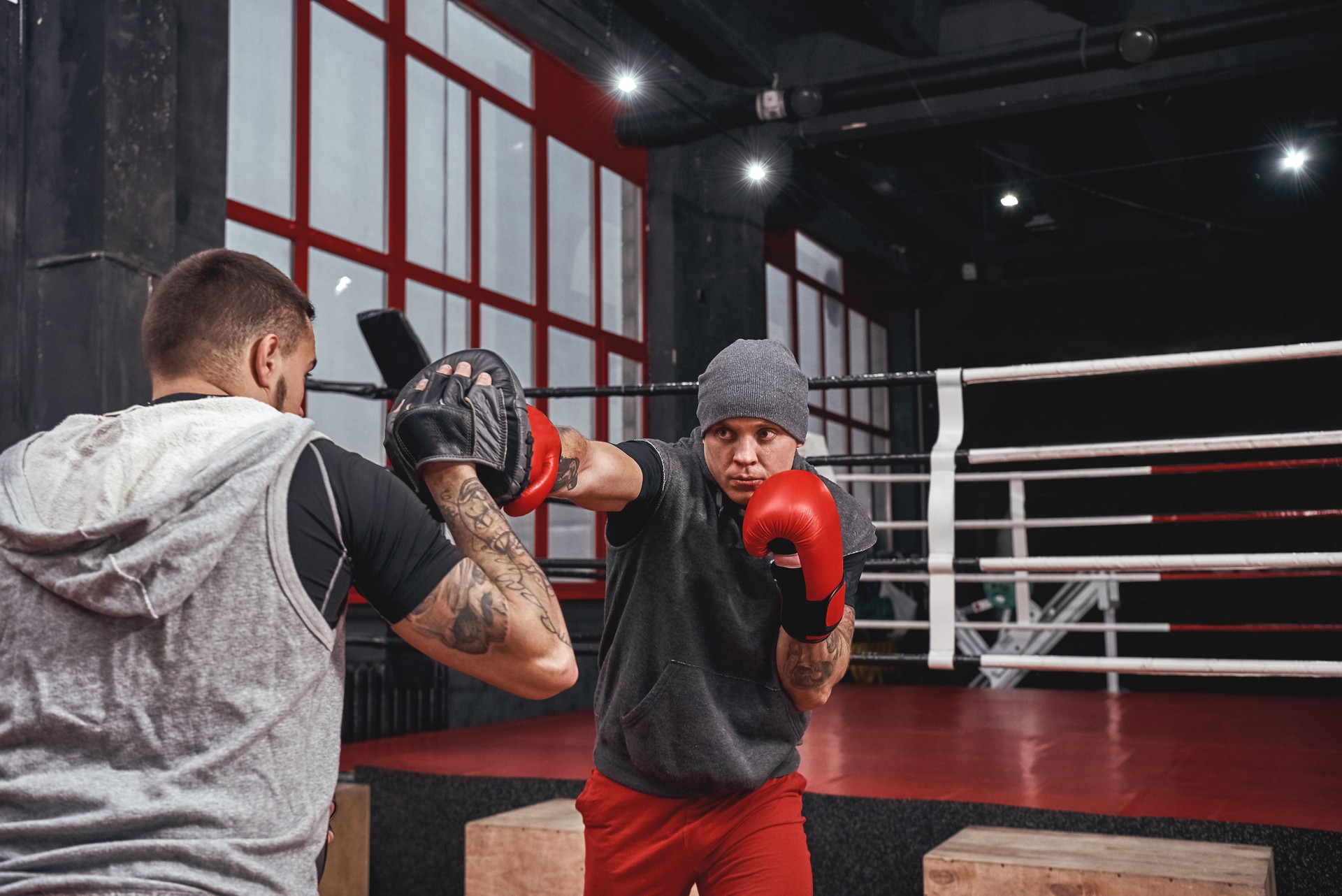Nur ein Erfolg. Muskelsportler in roten Handschuhen trainieren auf Boxpfoten mit Partner in Boxstudio